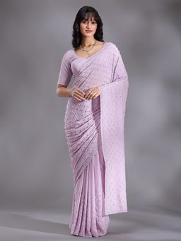Koskii - Lavender Pearlwork Chiffon Saree with Unstitched Blouse