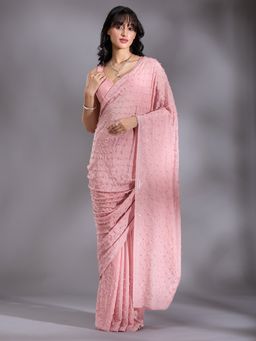 Koskii - Peach Pearlwork Chiffon Saree with Unstitched Blouse