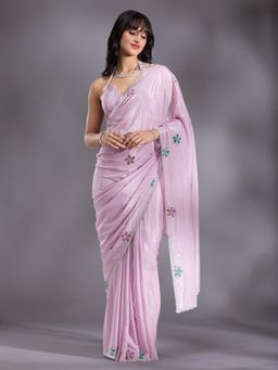Koskii - Lavender Stone Work Satin Saree with Unstitched Blouse
