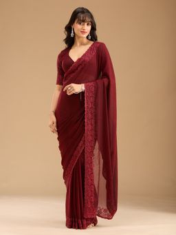 Koskii - Dark Maroon Threadwork Chiffon Saree with Unstitched Blouse
