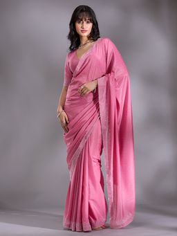 Koskii - Pink Stone Work Satin Saree with Unstitched Blouse