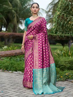 Varanga - Purple Woven with Zari Work Women's Kanjivaram Saree with Unstitched Blouse