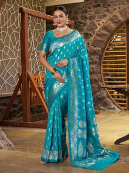 Varanga - Turquoise Woven with Zari Work Women's Saree with Unstitched Blouse