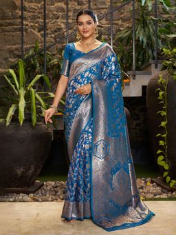 Varanga - Teal Woven with Zari Work Women's Saree with Unstitched Blouse