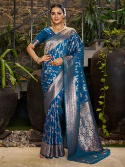 Varanga - Blue Woven with Zari Work Women's Saree with Unstitched Blouse