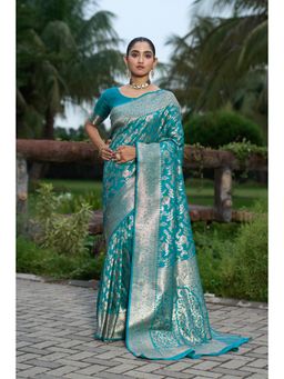 Varanga - Teal Women Kanjivaram Saree with Unstitched Blouse