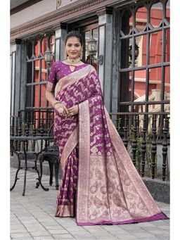 Varanga - Purple Cotton Blend Banarasi Saree with Unstitched Blouse