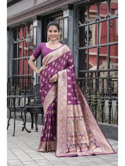 Varanga - Purple Cotton Blend Banarasi Saree with Unstitched Blouse