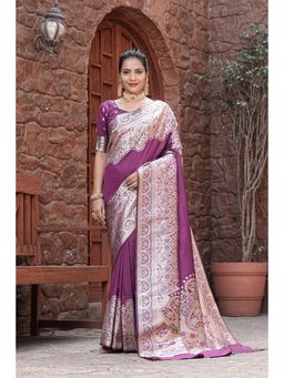 Varanga - Purple Cotton Blend Banarasi Saree with Unstitched Blouse