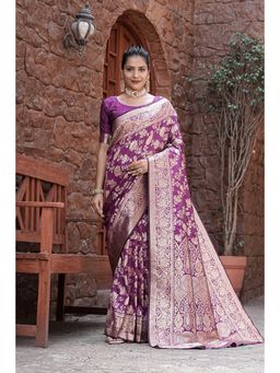 Varanga - Purple Cotton Blend Banarasi Saree with Unstitched Blouse
