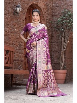 Varanga - Purple Cotton Blend Banarasi Saree with Unstitched Blouse