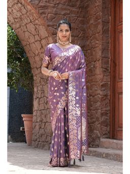 Varanga - Purple Cotton Blend Banarasi Saree with Unstitched Blouse