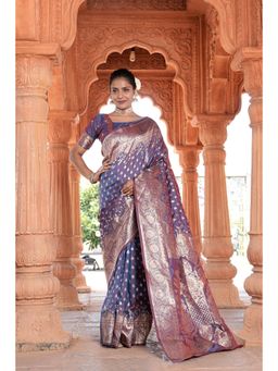 Varanga - Purple Cotton Blend Banarasi Saree with Unstitched Blouse