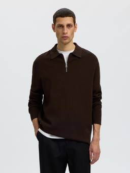Selected - Men Brown Half Zip Knitted Polo T-Shirt