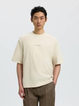 Selected - Men Off-White Typography Relaxed Fit T-Shirt