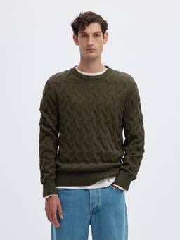 Selected - Men Dark Green Cable Knit Pullover Sweater