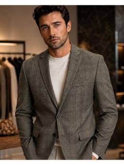Denro - Mens Grey Tailored Fit Checks Single-Breasted Formal Blazer