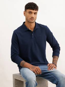 WROGN - Navy Blue Solid Slim Fit Full Sleeve Polo T-Shirt