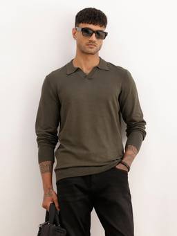 WROGN - Olive Solid Slim Fit Full Sleeve Polo T-Shirt