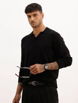 WROGN - Black Solid Slim Fit Full Sleeve Polo T-Shirt