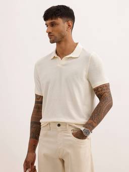WROGN - Off White Solid Slim Fit Textured Polo T-Shirt
