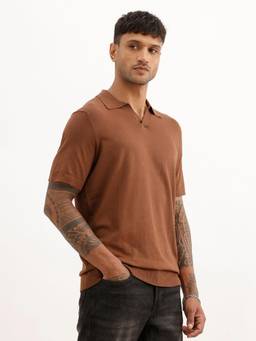 WROGN - Brown Solid Slim Fit Flat Knit Polo T-Shirt