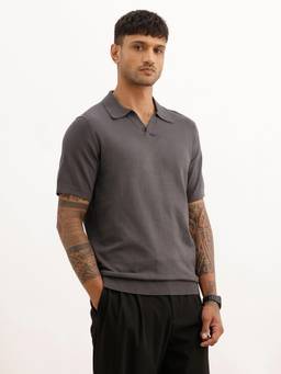 WROGN - Grey Solid Slim Fit Flat Knit Polo T-Shirt