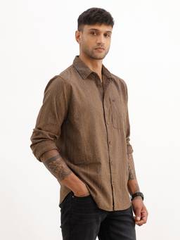 WROGN - Brown Slim Fit Textured Stripes Shirt