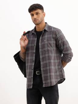 WROGN - Grey Slim Fit Checkered Full Sleeve Shirt