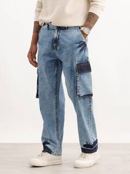 WROGN - Indigo Washed Loose Fit Denim Cargo Jeans