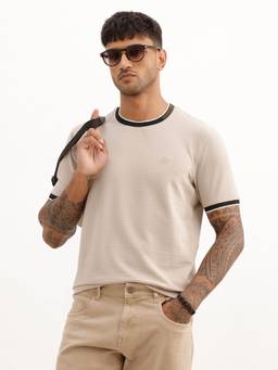 WROGN - Beige Slim Fit Textured Contrast Collar T-Shirt