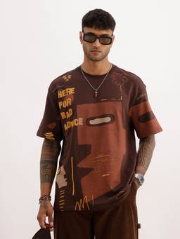 WROGN - Brown Oversized Placement Printed T-Shirt