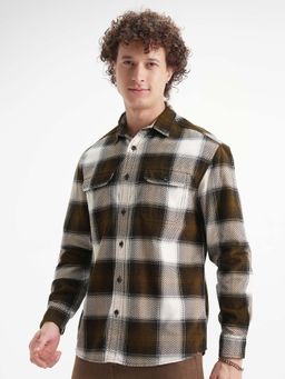 HIGHLANDER - Men Cream Olive Corduroy Checked Relaxed Shirt