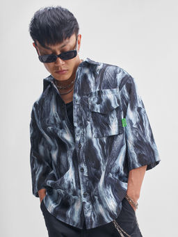 HIGHLANDER - Men Blue Navy Blue Printed Jacquard Korean Style Oversized Shirt