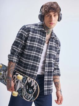 HIGHLANDER - Men Navy Blue Cavalry Twill Checked Spread Collar Relaxed Overshirt