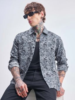 HIGHLANDER - Men Grey Blue Flannel Jacquard Textured Relaxed Overshirt