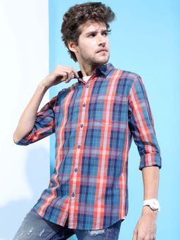HIGHLANDER - Men Blue and Orange Slim Fit Other Checks Shirts