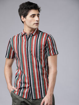 HIGHLANDER - Men Black and Rust Slim Fit Vertical Stripes Shirts
