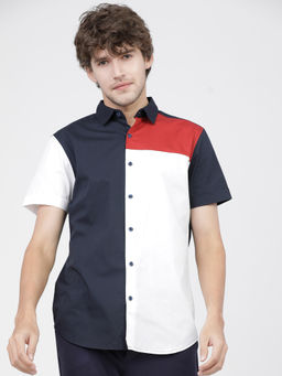 HIGHLANDER - Men Navy Blue and White Slim Fit Colour blocked Shirts