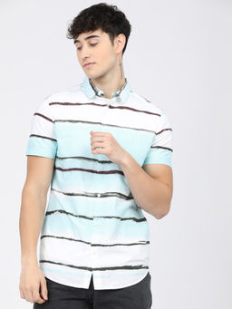 HIGHLANDER - Men White and Brown Slim Fit Horizontal Striped Shirts