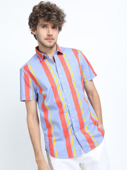 HIGHLANDER - Men Purple and Orange Slim Fit Vertical Stripes Shirts