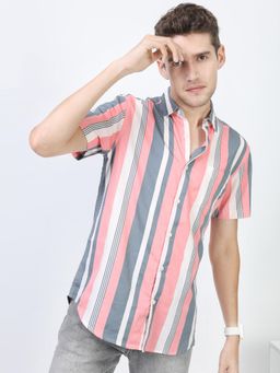 HIGHLANDER - Men Peach and Grey Slim Fit Vertical Stripes Shirts