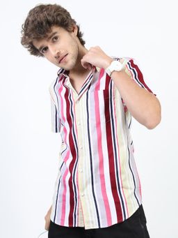 HIGHLANDER - Men Pink and Maroon Slim Fit Vertical Stripes Shirts