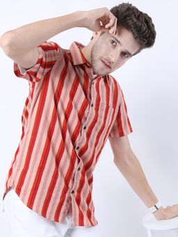 HIGHLANDER - Men Rust Slim Fit Vertical Stripes Shirts