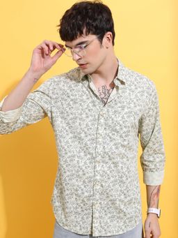 HIGHLANDER - Lime Green Floral Spread Collar Slim Fit Cotton Casual Shirt