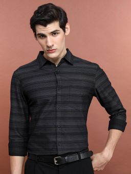 HIGHLANDER - Black Slim Fit Horizontal Stripes Spread Collar Long Sleeve Cotton Casual Shirt