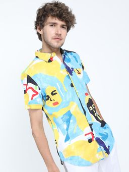 HIGHLANDER - Mens White and Yellow Printed Slim Fit Shirt
