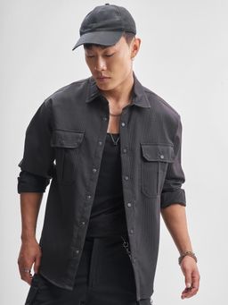 HIGHLANDER - Men Black Double Cloth Popcorn Textured Korean Style Oversized Shirt