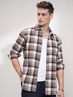HIGHLANDER - Men Off White Pink Checked Utility Pocket Relaxed Shirt