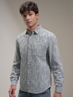 HIGHLANDER - Men Grey Dobby Structured Jacquard Casual Relaxed Shirt